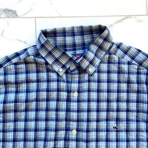 Vineyard Vines Blue Gray Performance Classic Fit Tucker Shirt Mens L